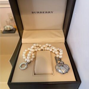 Burberry Cream Pearl Bracelet with Silver Plaid Heart Charm